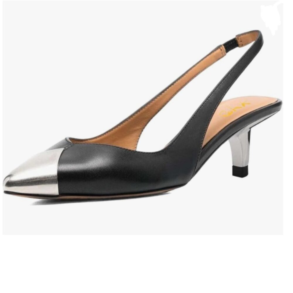 XYD Black Slingback Pumps Pointed Toe Low Heels Metallic Tiptoe Slip On Sandals